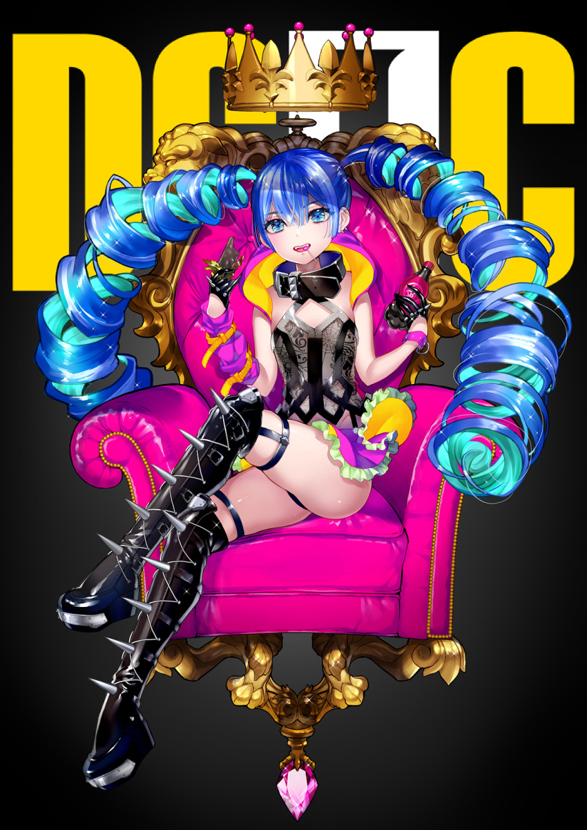 1girl armchair bangs belt_buckle belt_collar black_background black_collar black_footwear black_gloves black_legwear blue_hair boots bottle buckle candy chair character_request chocolate collar crown destiny_child drill_hair eyebrows_visible_through_hair fangs_out food food_in_mouth frilled_skirt frills gloves gradient gradient_background hair_between_eyes half_gloves hands_up head_tilt highres holding holding_bottle holding_food legs_crossed lollipop long_hair long_sleeves mouth_hold multicolored_hair parted_lips platform_footwear purple_skirt purple_sleeves see-through single_detached_sleeve sitting skirt sleeves_past_wrists solo spiked_boots spiked_gloves studded_collar tamaki_mitsune thigh-highs thigh_boots twin_drills two-tone_hair very_long_hair