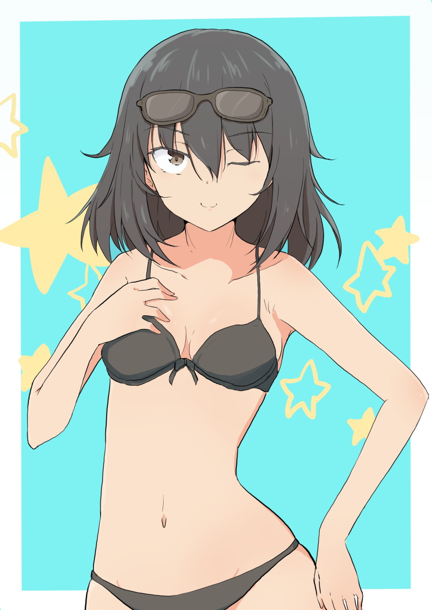 1girl absurdres andou_(girls_und_panzer) aqua_background bangs bikini black-framed_eyewear black_bikini black_hair bow_bikini breasts brown_eyes c: cbgb closed_mouth collarbone commentary dark_skin eyebrows_visible_through_hair eyewear_on_head girls_und_panzer hand_on_hip highres looking_at_viewer medium_breasts medium_hair messy_hair navel one_eye_closed outside_border skindentation smile solo standing star sunglasses swimsuit upper_body