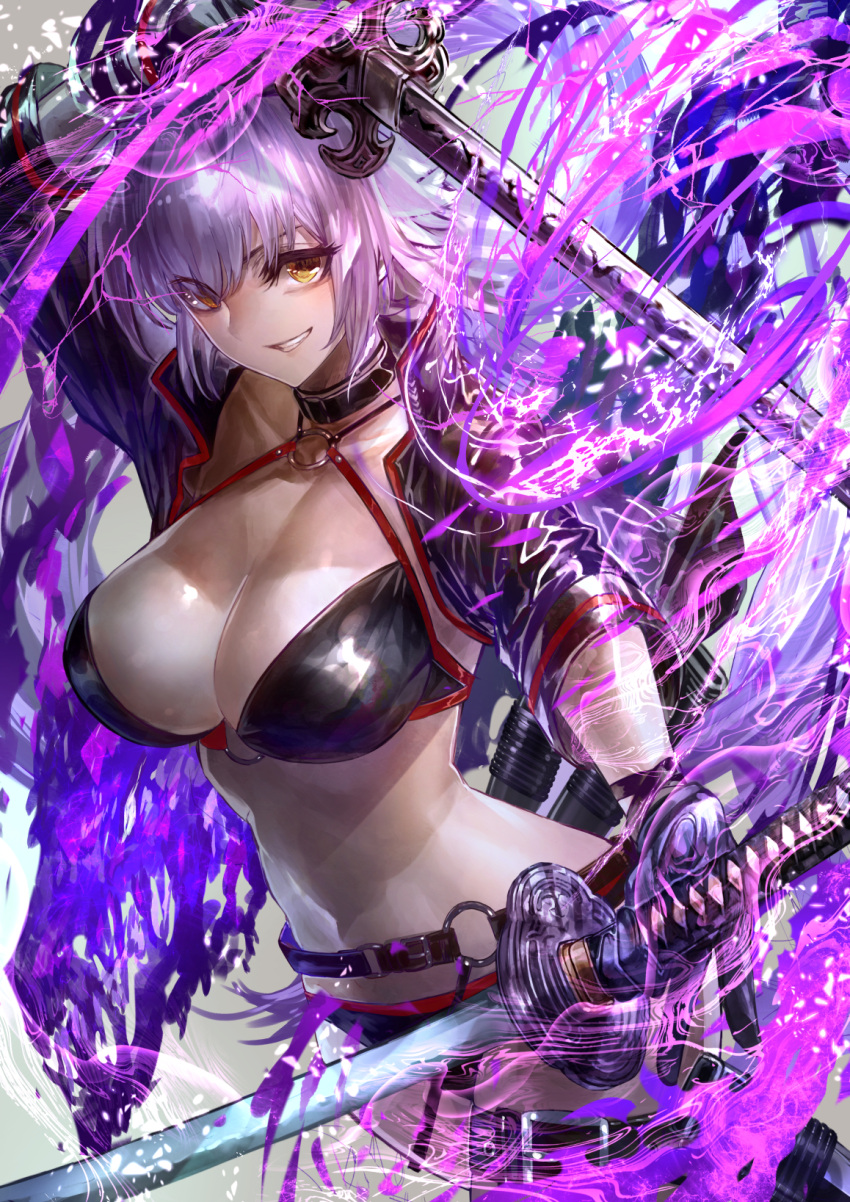 1girl arm_over_head aura bikini black_bikini black_choker black_gloves black_jacket breasts choker cleavage commentary_request cropped_jacket dual_wielding fate/grand_order fate_(series) gloves grin hair_between_eyes highres holding holding_sword holding_weapon jacket jeanne_d'arc_(alter_swimsuit_berserker) jeanne_d'arc_(fate)_(all) katana large_breasts looking_at_viewer midriff o-ring o-ring_bikini shrug_(clothing) signo_aaa single_thighhigh smile standing swimsuit sword thigh-highs thigh_strap waist weapon white_hair yellow_eyes