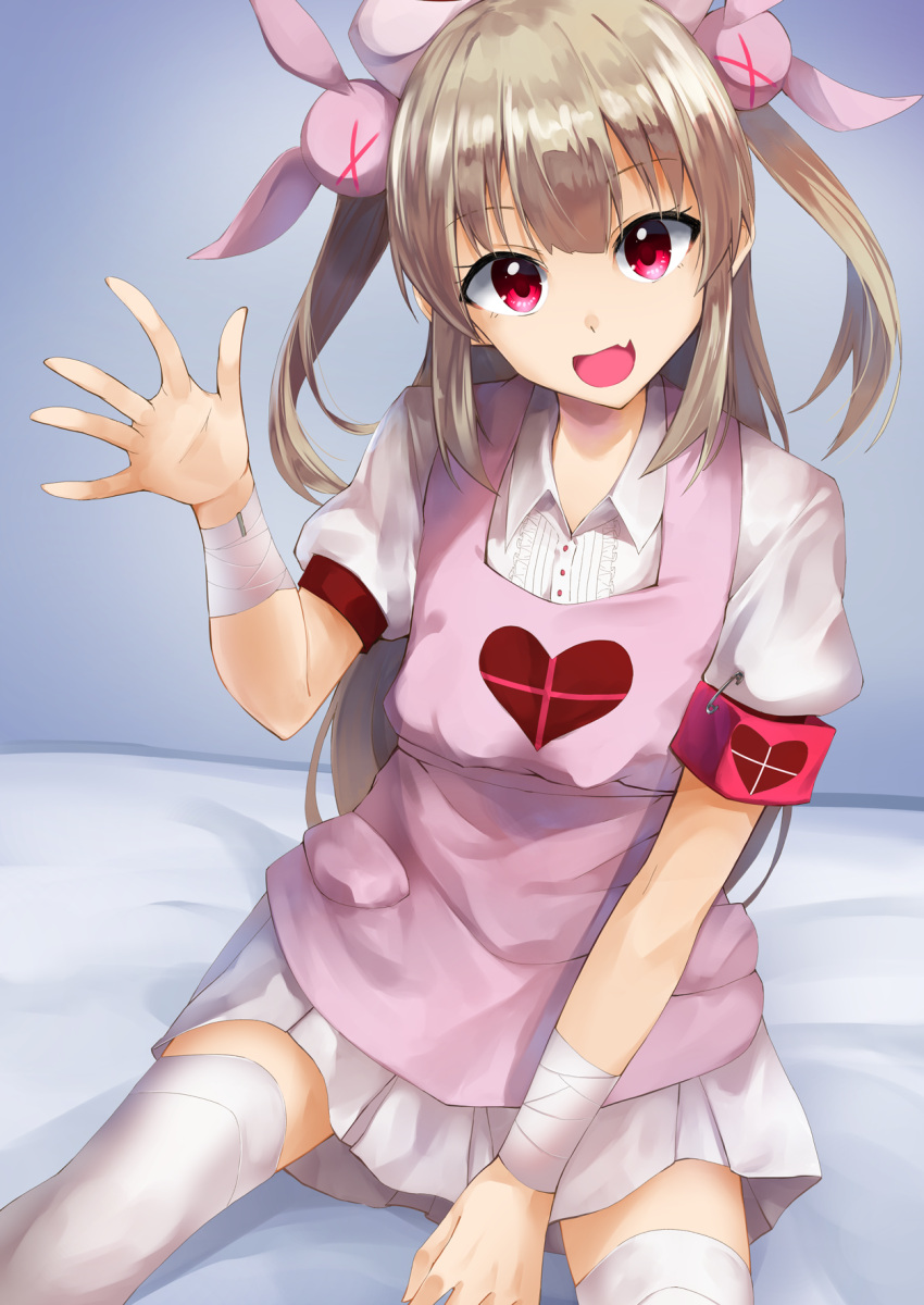 &gt;_&lt; 1girl :d apron armband bandage bandaged_arm bandages bangs bed_sheet between_legs blush brown_hair bunny_hair_ornament center_frills collared_shirt eyebrows_visible_through_hair fang frills hair_between_eyes hair_ornament hand_between_legs hand_up hat head_tilt heart highres konkito long_hair looking_at_viewer natori_sana nurse_cap open_mouth pink_apron pink_hat pleated_skirt puffy_short_sleeves puffy_sleeves red_eyes safety_pin sana_channel shirt short_sleeves sitting skirt smile solo thigh-highs two_side_up very_long_hair virtual_youtuber white_legwear white_shirt white_skirt