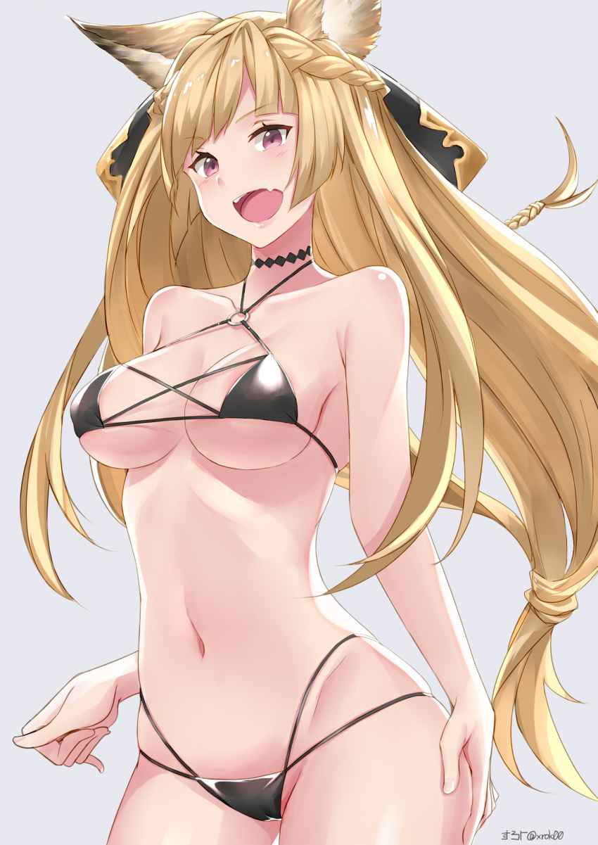 1girl animal_ears bangs bare_shoulders bikini black_bikini black_ribbon blonde_hair blush braid breasts choker cleavage collarbone diagonal_bangs erune fang french_braid granblue_fantasy hair_ribbon hand_on_hip highres hips long_hair looking_at_viewer low-tied_long_hair medium_breasts micro_bikini navel o-ring open_mouth ribbon simple_background smile solo surock swimsuit violet_eyes waist yuisis_(granblue_fantasy)