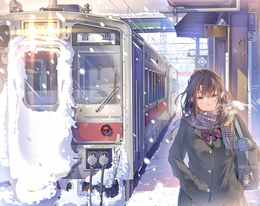 1girl bag bookbag bow bowtie breath brown_eyes brown_hair coat cowboy_shot daito gloves ground_vehicle hair_ornament hairclip hand_in_pocket keychain long_hair original scarf skirt snow snowing solo train train_station