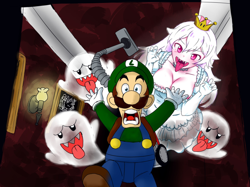 1boy 1girl absurdres blue_eyes blush boo breasts brown_hair chasing cleavage collarbone commentary_request crown dress elbow_gloves facial_hair fleeing frilled_dress frills ghost_pose gloves hat highres large_breasts long_hair long_tongue luigi luigi's_mansion super_mario_bros. mini_crown mustache new_super_mario_bros._u_deluxe nintendo open_mouth pale_skin poltergust_3000 portrait_(object) princess_king_boo reacyua resaresa scared sharp_teeth super_crown suspenders teeth tongue tongue_out vacuum_cleaner violet_eyes wall_lamp white_dress white_gloves white_hair