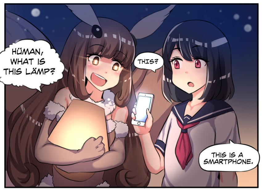 2girls bangs black_hair blue_sailor_collar blush brown_eyes brown_gloves brown_hair bug cellphone comic elbow_gloves english eyebrows_visible_through_hair fur_trim gloves glowing glowing_eyes gradient gradient_background highres hinghoi holding holding_lamp holding_phone insect lamp long_hair medium_hair moth moth_girl multiple_girls neckerchief night object_hug open_mouth original phone red_eyes red_neckwear sailor_collar screen_light shirt short_sleeves smartphone smile speech_bubble upper_body white_shirt