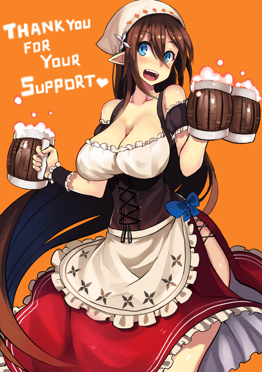 1girl :d alcohol apron bare_shoulders beer beer_mug blue_bow blue_eyes blush bow breasts brown_hair cleavage collarbone contrapposto corset cup detached_sleeves dress eyebrows_visible_through_hair frilled_dress frilled_shirt frilled_skirt frills hair_between_eyes head_scarf highres hips holding holding_cup large_breasts long_hair looking_at_viewer onigensou open_mouth orange_background original pointy_ears red_skirt shirt short_sleeves side_slit skirt smile solo thank_you thighs underbust very_long_hair waist_apron white_shirt wristband