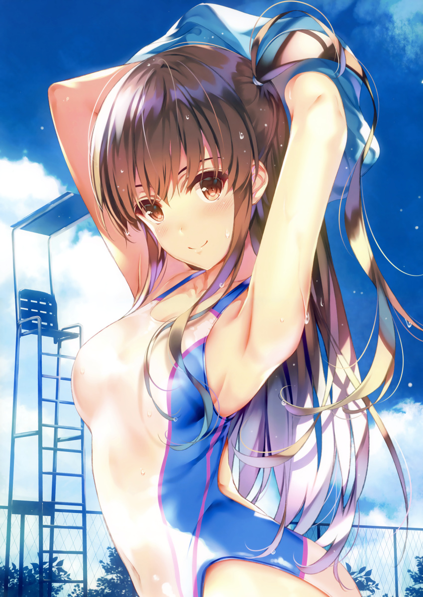 1girl absurdres amami_anzu armpits arms_up bangs blue_sky blush breasts brown_eyes brown_hair closed_mouth clouds cloudy_sky competition_swimsuit covered_navel day highres huge_filesize long_hair looking_at_viewer medium_breasts misaki_kurehito one-piece_swimsuit original outdoors shiny shiny_clothes shiny_hair side_ponytail sidelocks sky smile solo swimsuit undressing water_drop wet wet_clothes wet_swimsuit