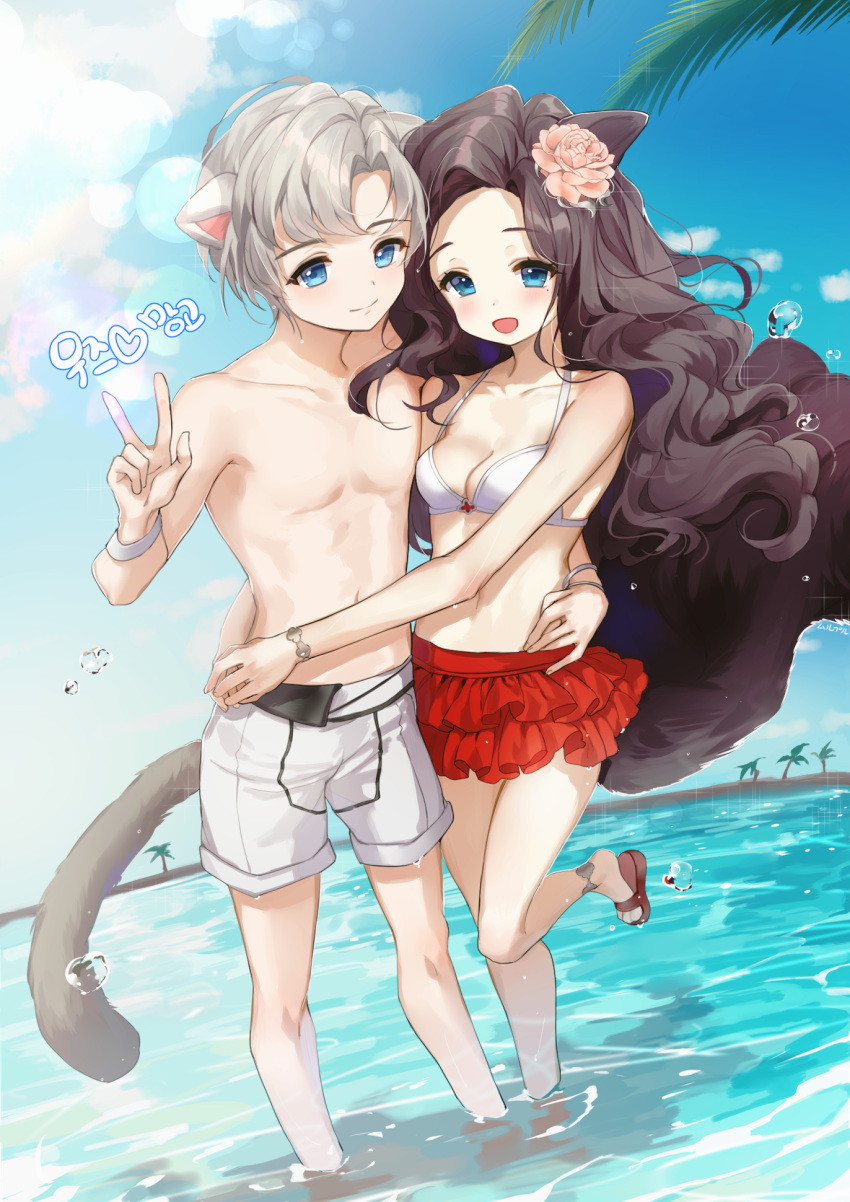 1boy 1girl :d animal_ears bangs bare_arms bare_shoulders beach bikini bikini_skirt blue_eyes blue_sky blush breasts brown_footwear brown_hair cat_ears cat_tail cleavage clouds collarbone commission day dutch_angle eyebrows_visible_through_hair flower forehead grey_hair hair_flower hair_ornament hand_on_another's_waist hand_up heart highres korean long_hair male_swimwear mullpull navel open_mouth original outdoors palm_tree parted_bangs pink_flower pink_rose rose sand sandals shirtless sky small_breasts smile standing standing_on_one_leg swim_trunks swimsuit swimwear tail tail_raised translation_request tree v very_long_hair water water_drop white_bikini_top