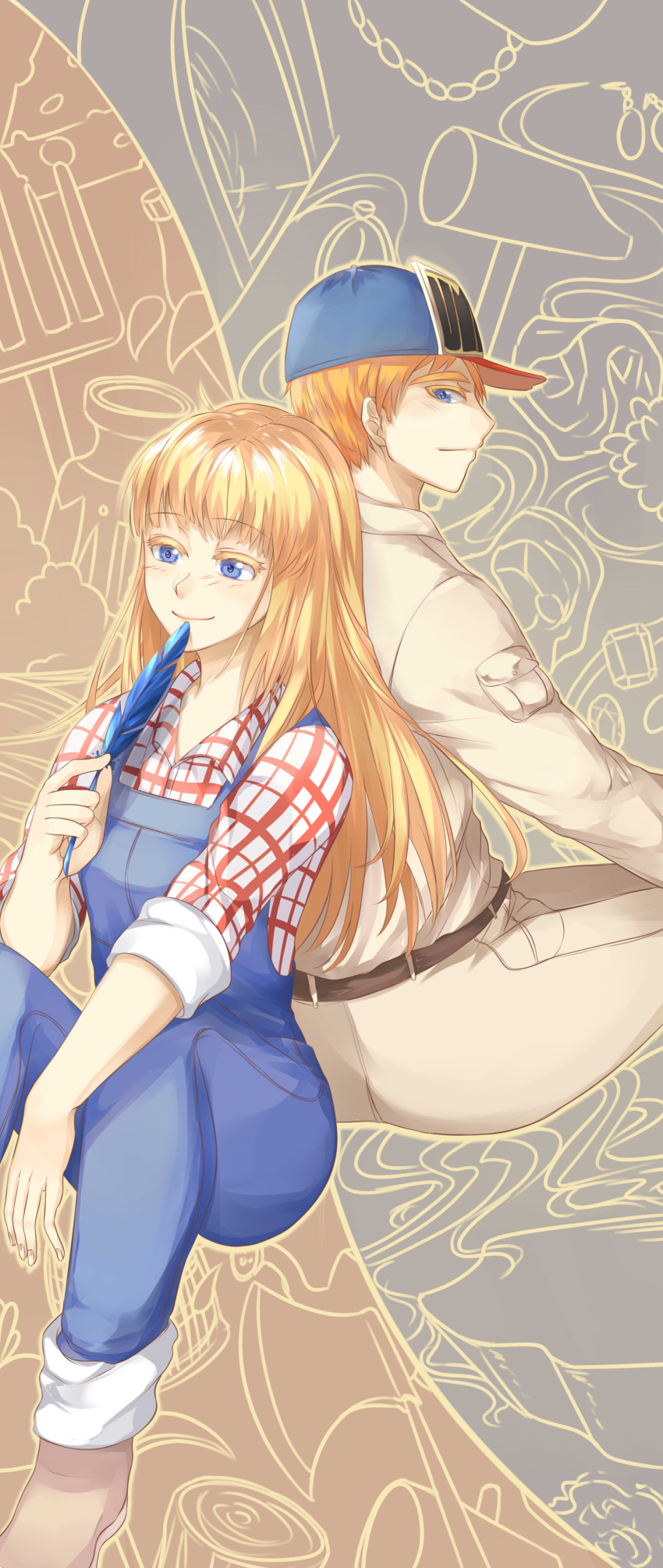 1boy 1girl absurdres bangs blonde_hair blue_eyes blue_feathers blush claire_(harvest_moon) couple gray_(harvest_moon) harvest_moon highres long_hair overalls plaid plaid_shirt shirt user_gtg0024