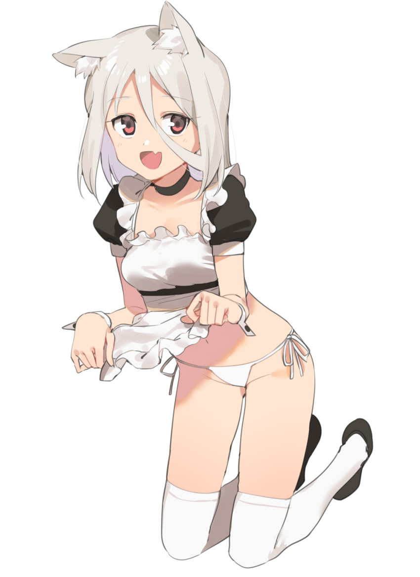 1girl 2l_(2lsize) :d animal_ears apron apron_lift cat_ears eyebrows_visible_through_hair fang frills full_body hair_between_eyes highres loafers looking_at_viewer maid open_mouth original panties red_eyes shoes short_sleeves side-tie_panties silver_hair simple_background smile solo thigh-highs thighs underwear waist_apron white_background white_legwear