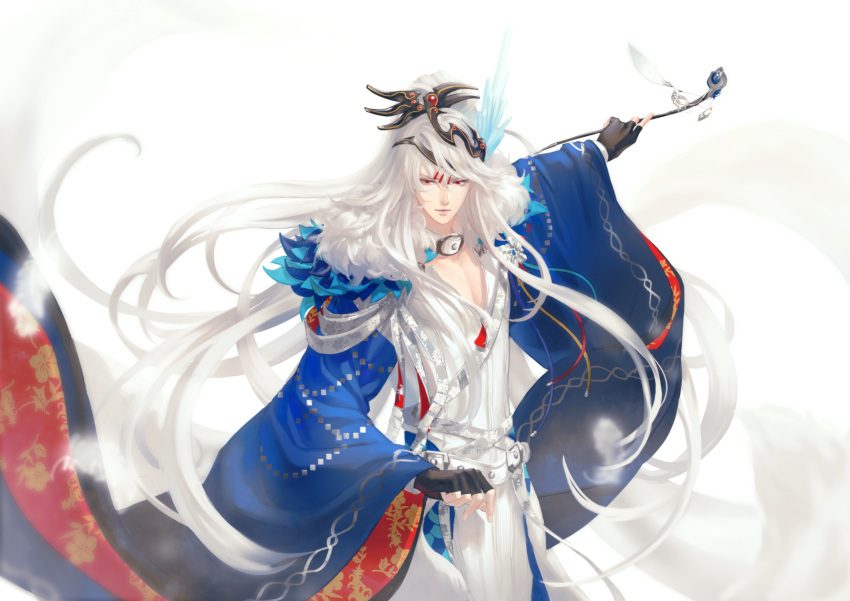1boy belt black_gloves chinese_clothes choker commentary_request feather_trim fingerless_gloves floral_print gloves hair_ornament highres holding holding_pipe lin_xue_ya long_hair looking_at_viewer parted_lips pipe ponytail qingxingzhen red_eyes solo tassel thunderbolt_fantasy very_long_hair white_hair wide_sleeves