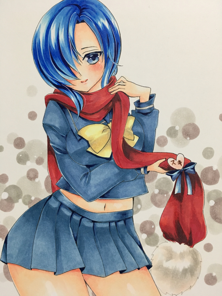 1girl absurdres blue_eyes blue_hair blue_skirt blush bow hair_over_one_eye highres himoo_yuina kae_(bluebluebluebelly) kirameki_high_school_uniform long_hair marker_(medium) navel red_scarf scarf school_uniform skirt smile solo standing tokimeki_memorial tokimeki_memorial_1 traditional_media yellow_bow