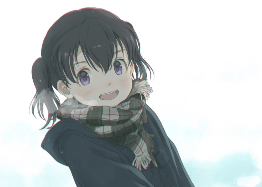1girl :d bangs blush breath brown_coat brown_hair brown_scarf chromatic_aberration coat commentary_request dutch_angle fringe hair_between_eyes hasisisissy highres hood hood_down hooded_coat kuraue_hinata long_hair looking_at_viewer open_mouth plaid plaid_scarf scarf smile solo twintails upper_body upper_teeth violet_eyes white_background yama_no_susume