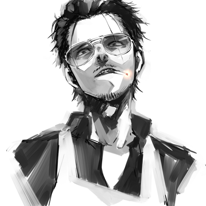1boy absurdres beard black_hair cigarette facial_hair glasses gokushufudou greyscale highres looking_at_viewer male_focus monochrome mustache qqyy8rf9k sketch solo sunglasses upper_bod