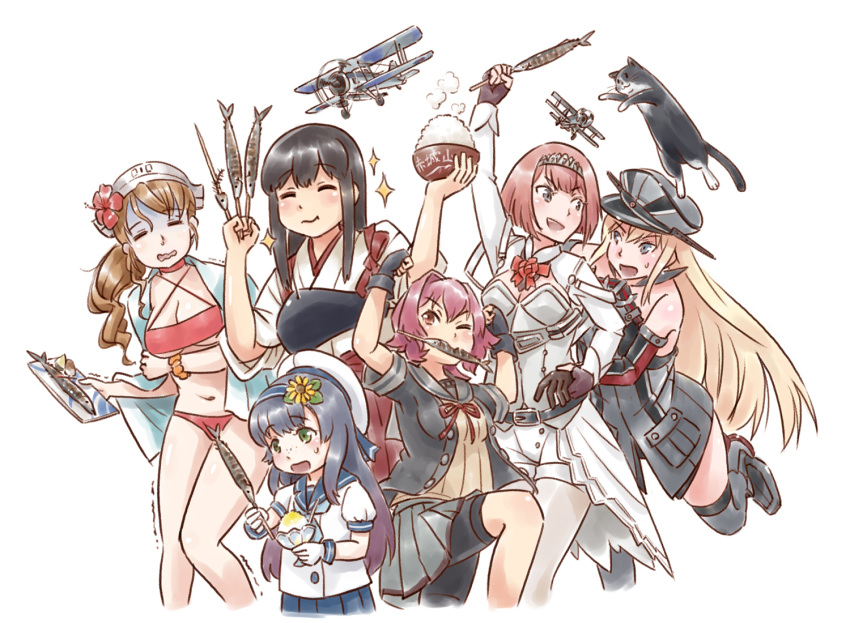 6+girls aircraft aircraft_request airplane akagi_(kantai_collection) ark_royal_(kantai_collection) bikini bismarck_(kantai_collection) black_gloves bowl commentary_request feet_out_of_frame fingerless_gloves fish gloves hat italia_(kantai_collection) japanese_clothes kantai_collection karasu_(naoshow357) kinu_(kantai_collection) littorio_(kantai_collection) long_hair matsuwa_(kantai_collection) mouth_hold multiple_girls muneate peaked_cap rice_bowl sailor_hat saury school_uniform serafuku short_hair simple_background swimsuit unsinkable_sam white_background