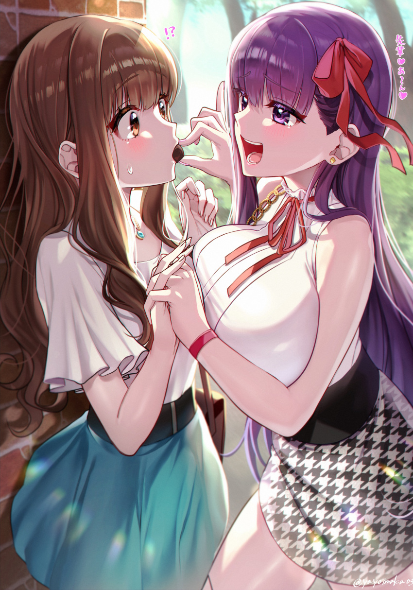 2girls absurdres bangs bb_(fate) bb_(fate/extra) blush breasts brown_eyes brown_hair chocolate fate/extra fate/extra_ccc fate_(series) feeding hair_ribbon highres holding_hands kishinami_hakuno_(female) large_breasts long_hair multiple_girls open_mouth purple_hair red_ribbon ribbon smile translation_request very_long_hair violet_eyes yayoi_maka