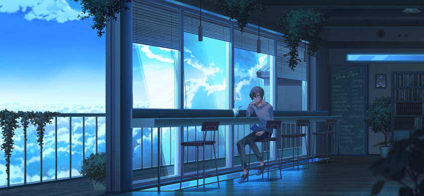 1boy blue_eyes blue_sky book bookshelf chair closed_mouth clouds collarbone cup day drinking_straw grey_hair highres holding holding_book indoors looking_away menu_board original plant potted_plant roller_shades scenery sennotane short_hair sitting sky solo tree vines