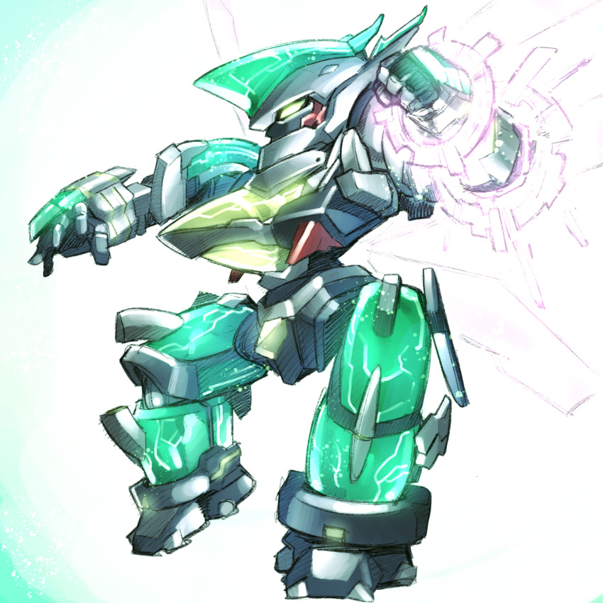 clenched_hand glowing glowing_eyes green_eyes highres ishiyumi looking_away mecha no_humans solo zegapain zegapain_altair