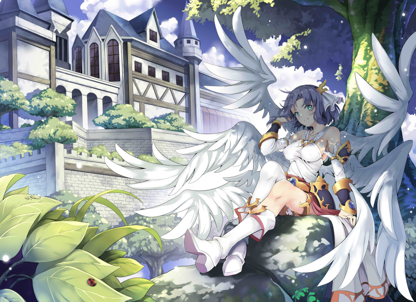 1girl absurdres angel angel_wings bare_shoulders black_hair blue_eyes blush boots breasts bug character_request closed_mouth collarbone copyright_request day eyebrows_visible_through_hair high_heel_boots high_heels highres insect jie_laite knee_boots ladybug langrisser large_breasts looking_at_viewer outdoors short_hair single_knee_boot single_thigh_boot sitting smile solo tree white_footwear wings