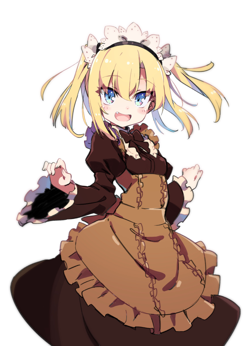 1girl :d absurdres apron bangs black_hairband blonde_hair blue_eyes blush breasts brown_apron brown_dress center_frills copyright_request dress eyebrows_visible_through_hair fang fingernails frills hair_between_eyes hairband highres juliet_sleeves long_sleeves maid_headdress open_mouth puffy_sleeves sidelocks simple_background small_breasts smile solo tama_(tama-s) twintails underbust virtual_youtuber white_background wide_sleeves