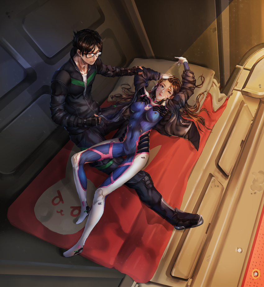 1boy 1girl absurdres bandaid_on_forehead bed black-framed_eyewear black_hair blue_eyes breasts brown_hair commentary_request covered_navel d.va_(overwatch) dae-hyun_(overwatch) full_body glasses gloves headphones headphones_around_neck highres jacket jim_dez lips long_hair looking_at_viewer lying lying_on_person medium_breasts nose on_back open_clothes open_jacket overwatch pillow pilot_suit shooting_star_d.va whisker_markings white_gloves