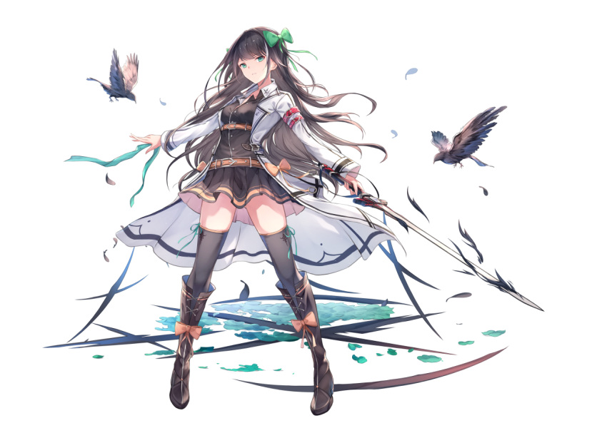 1girl aqua_eyes aqua_ribbon arm_belt bangs belt belt_buckle bird black_footwear black_hair black_legwear black_skirt boots bow buckle closed_mouth coat commentary_request cross-laced_footwear eyebrows_visible_through_hair feathers full_body fuuro_(johnsonwade) green_bow hair_bow holding holding_sword holding_weapon knee_boots legs_apart long_hair long_sleeves looking_at_viewer medium_hair multicolored_hair open_clothes open_coat orange_bow original outstretched_arms raven_(animal) ribbon simple_background skirt solo standing streaked_hair sword thigh-highs underbust very_long_hair weapon white_background white_hair zettai_ryouiki