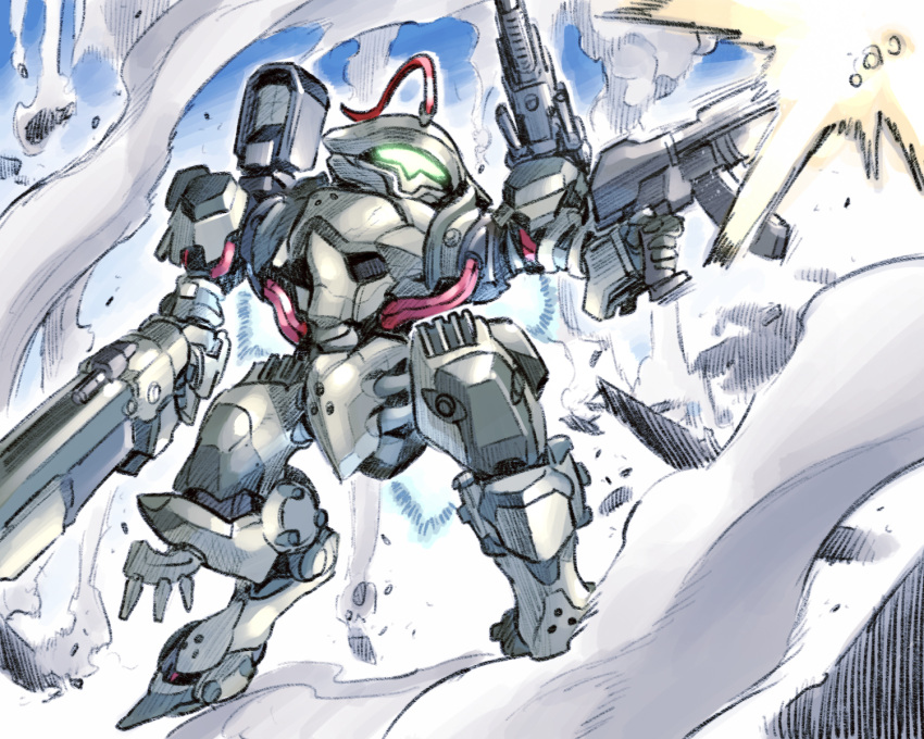 copyright_request firing full_body green_eyes gun highres ishiyumi mecha mecha_request no_humans shoulder_cannon solo standing weapon