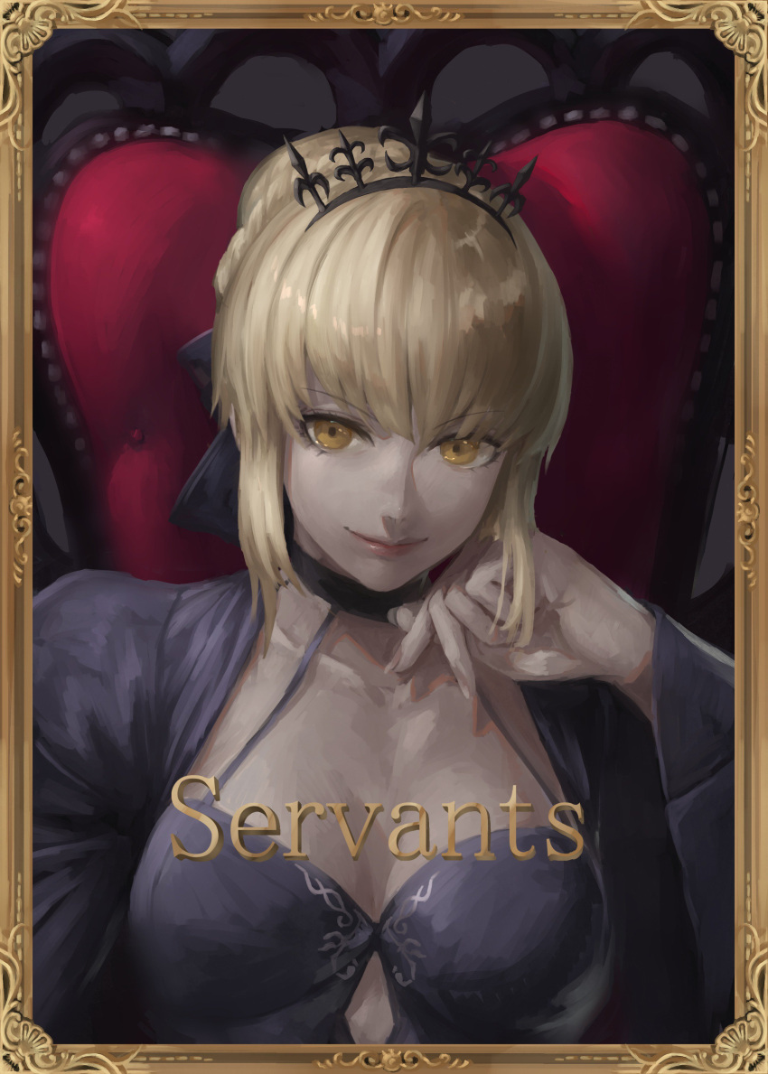 1girl absurdres artoria_pendragon_(all) bangs black_dress black_ribbon blonde_hair braid breasts chair cleavage closed_mouth commentary_request dress eyebrows_visible_through_hair facing_viewer fate/grand_order fate_(series) french_braid gothic_lolita hair_bun hand_on_own_cheek highres lolita_fashion medium_breasts peperon_(peperou) ribbon saber_alter sitting smile tiara yellow_eyes