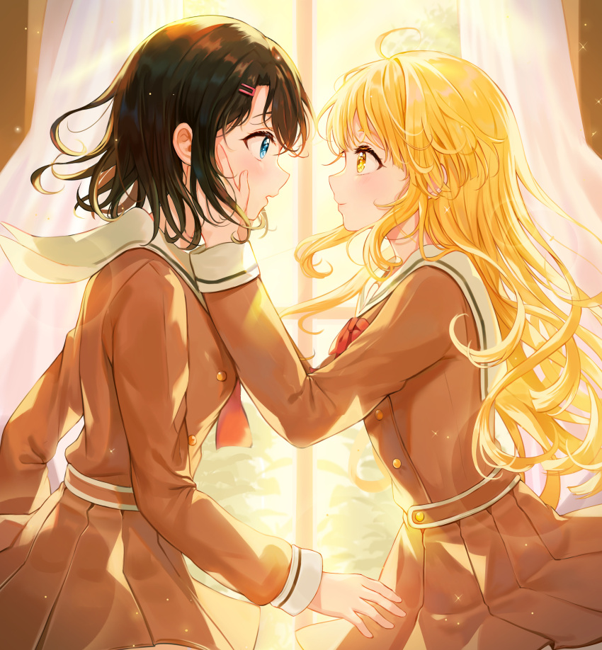 2girls absurdres ahoge bang_dream! bangs black_hair blonde_hair blue_eyes bow bowtie brown_dress curtains dress eye_contact hair_ornament hairclip hanasakigawa_school_uniform hands_on_another's_cheeks hands_on_another's_face highres indoors long_hair long_sleeves looking_at_another multiple_girls okusawa_misaki red_neckwear sailor_dress school_uniform short_hair smile tokkyu_(user_mwwe3558) tsurumaki_kokoro window yellow_eyes yuri