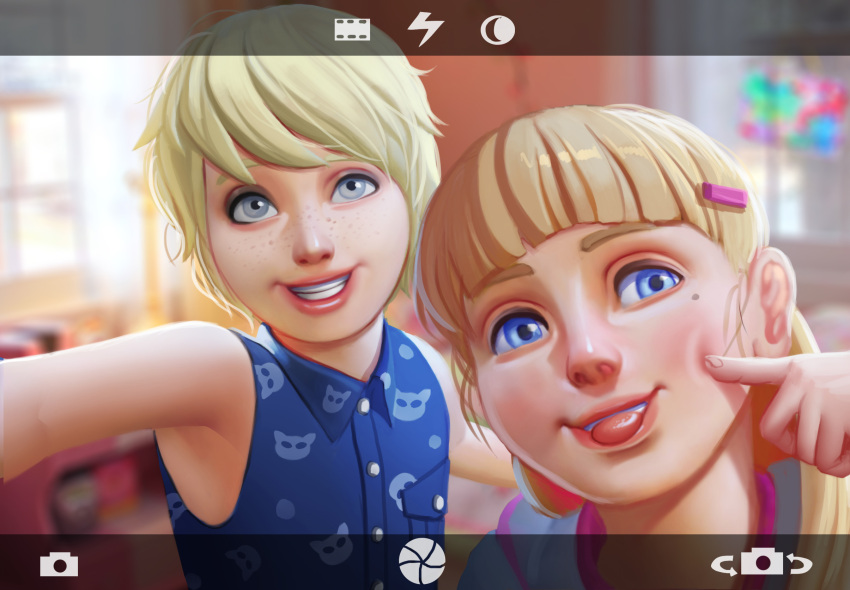 2girls blonde_hair blue_eyes c0rros1on cheek_poking child commentary english_commentary freckles hair_ornament hairclip highres mole mole_under_eye multiple_girls original parted_lips poking siblings sisters sleeveless smile tongue tongue_out viewfinder