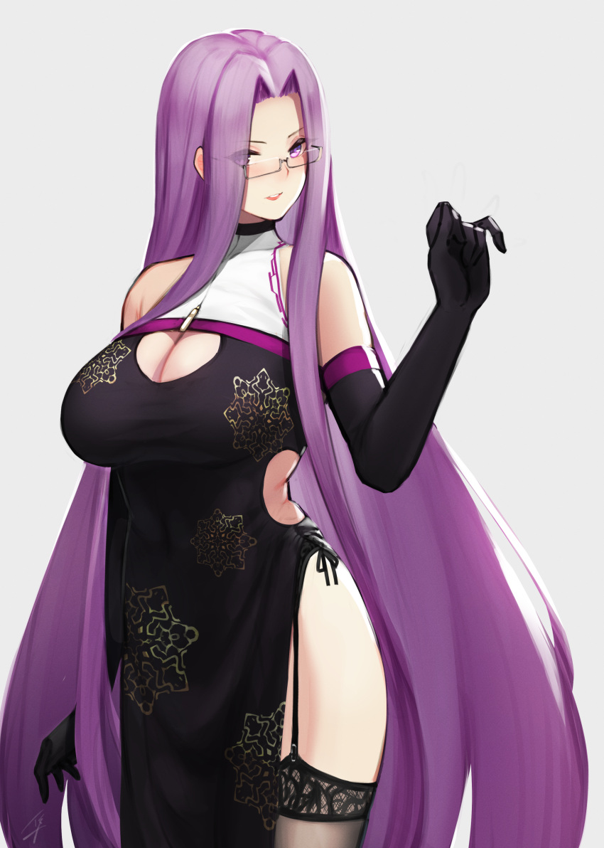1girl absurdres bare_shoulders black_dress black_gloves black_legwear breasts cleavage cleavage_cutout covered_navel cowboy_shot dress elbow_gloves eyebrows_visible_through_hair eyes_visible_through_hair fate/stay_night fate_(series) forehead garter_straps glasses gloves grey-framed_eyewear grey_background hand_up hayabusa highres large_breasts long_hair looking_at_viewer paid_reward parted_lips pelvic_curtain purple_hair rider semi-rimless_eyewear signature simple_background sleeveless sleeveless_dress smile solo straight_hair thigh-highs under-rim_eyewear v-shaped_eyebrows very_long_hair violet_eyes