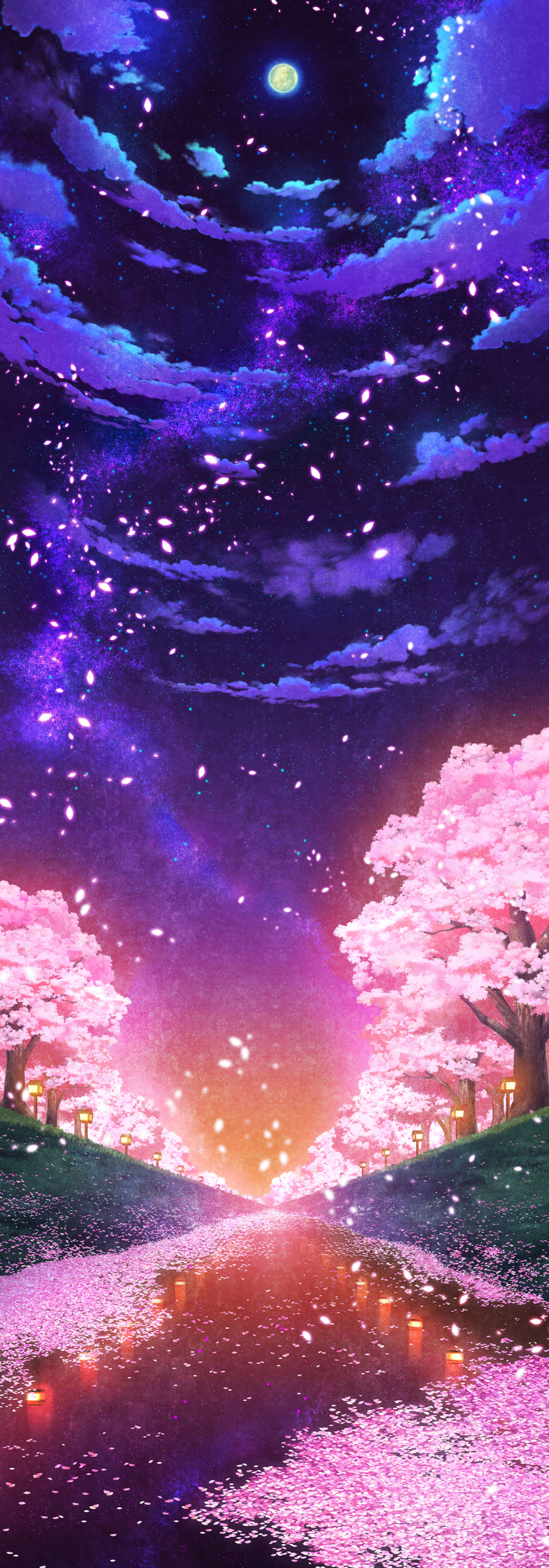 absurdres clouds full_moon highres moon night night_sky no_humans original outdoors river scenery sennotane sky star_(sky) starry_sky tree