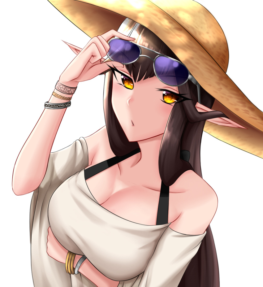 1girl adjusting_eyewear arm_under_breasts black_bra black_hair bra bra_strap bracelet breasts cleavage collarbone crimecrime eyewear_on_head fate/grand_order fate_(series) hat highres jewelry large_breasts long_hair off-shoulder_shirt pointy_ears semiramis_(fate) shirt short_sleeves solo sun_hat sunglasses underwear very_long_hair white_shirt wide_sleeves yellow_eyes