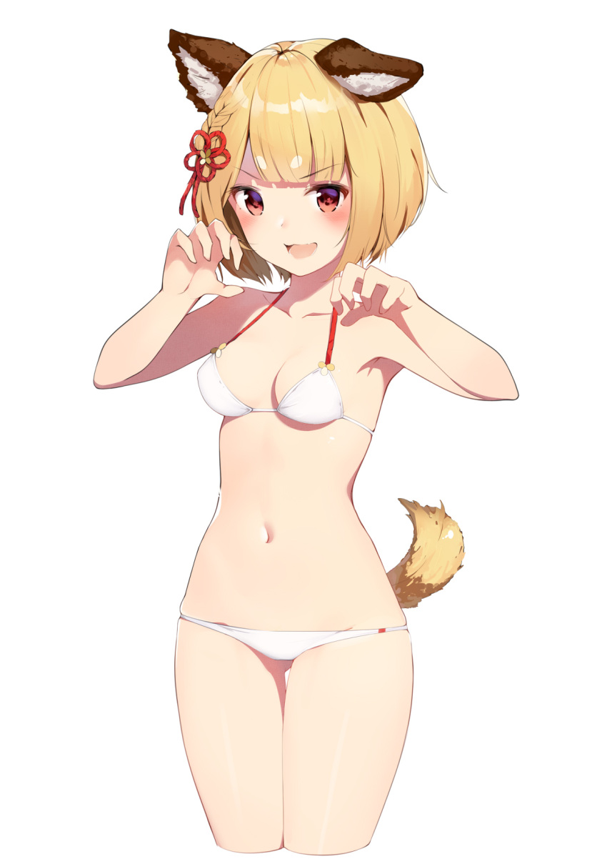 1girl :3 :d animal_ears bikini blonde_hair blush braid breasts claw_pose cleavage cowboy_shot cropped_legs dog_ears erune french_braid gin00 gluteal_fold granblue_fantasy hair_ornament halterneck highres looking_at_viewer open_mouth red_eyes short_hair side_braid simple_background small_breasts smile solo swimsuit tail thigh_gap vajra_(granblue_fantasy) white_background white_bikini