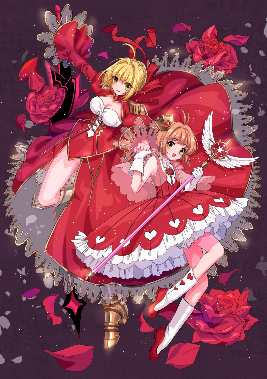 2girls absurdres antenna_hair armored_boots bangs blonde_hair bloomers boots braid breasts brown_hair card_captor_sakura cleavage corset crossover crown crown_braid dress fate/extra fate_(series) flat_chest flower frilled_dress frills green_eyes hair_ribbon hand_holding hand_on_sword hand_on_weapon highres huge_filesize kinomoto_sakura kisumi_rei large_breasts magical_girl multiple_girls nero_claudius_(fate) nero_claudius_(fate)_(all) petals red_dress red_footwear ribbon rose rose_petals see-through short_hair sword underwear wand weapon
