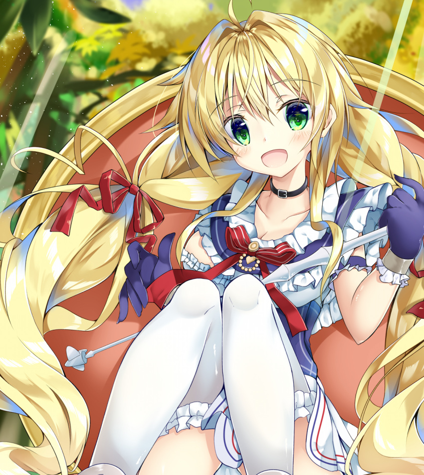 1girl azur_lane blonde_hair blurry blurry_background blush breasts cleavage collarbone commentary_request gloves green_eyes highres le_temeraire_(azur_lane) leaf long_hair looking_at_viewer maritaki medium_breasts open_mouth panties pantyshot sitting solo thigh-highs tree underwear very_long_hair