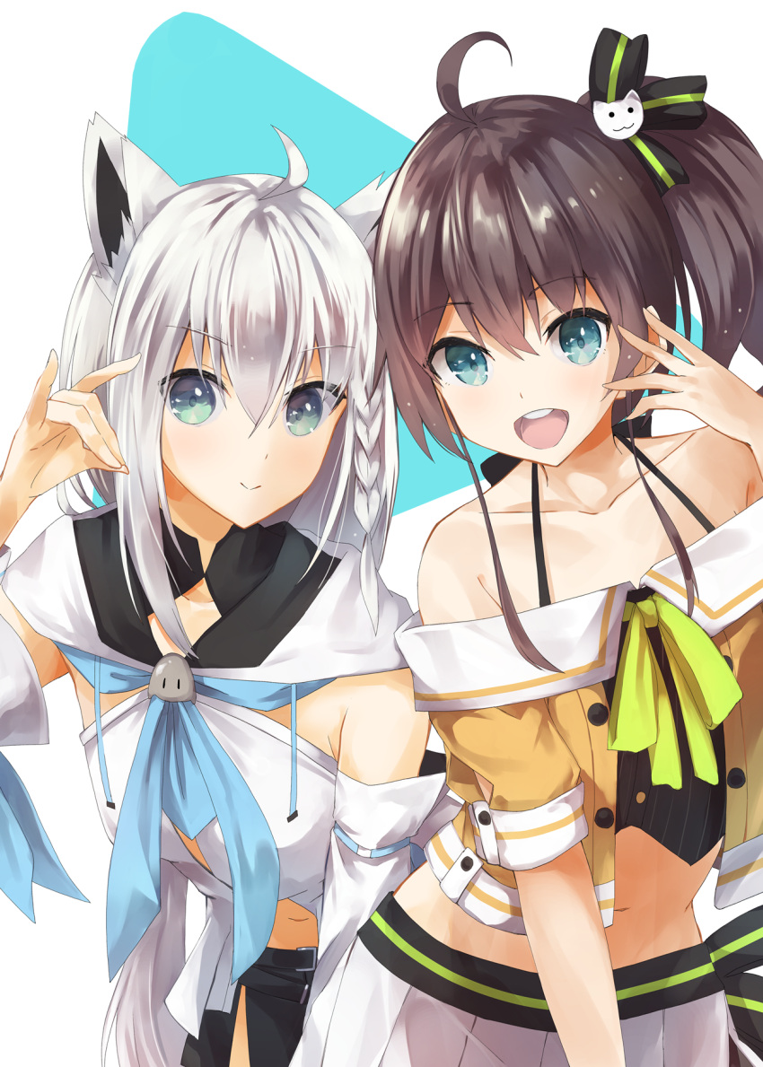 :d ahoge animal_ear_fluff animal_ears bare_shoulders black_bow black_shorts blue_eyes blue_neckwear bow brown_hair cat_hair_ornament closed_mouth collarbone copyright_request detached_sleeves fox_ears fox_shadow_puppet green_bow hair_bow hair_ornament hand_up highres hololive jacket konkito long_hair long_sleeves midriff navel neckerchief off_shoulder one_side_up open_mouth orange_jacket pleated_skirt round_teeth shirakami_fubuki shirt short_sleeves shorts silver_hair skirt smile striped striped_bow teeth upper_teeth very_long_hair virtual_youtuber white_shirt white_skirt