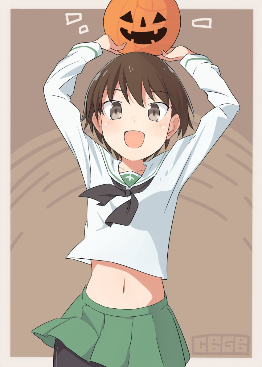 1girl :d arms_up artist_name bangs bike_shorts black_neckwear black_shorts blouse brown_background brown_eyes brown_hair cbgb commentary girls_und_panzer green_skirt highres holding isobe_noriko jack-o'-lantern long_sleeves looking_at_viewer microskirt midriff navel neckerchief ooarai_school_uniform open_mouth outside_border pleated_skirt pumpkin school_uniform serafuku short_hair shorts shorts_under_skirt skirt smile solo standing white_blouse