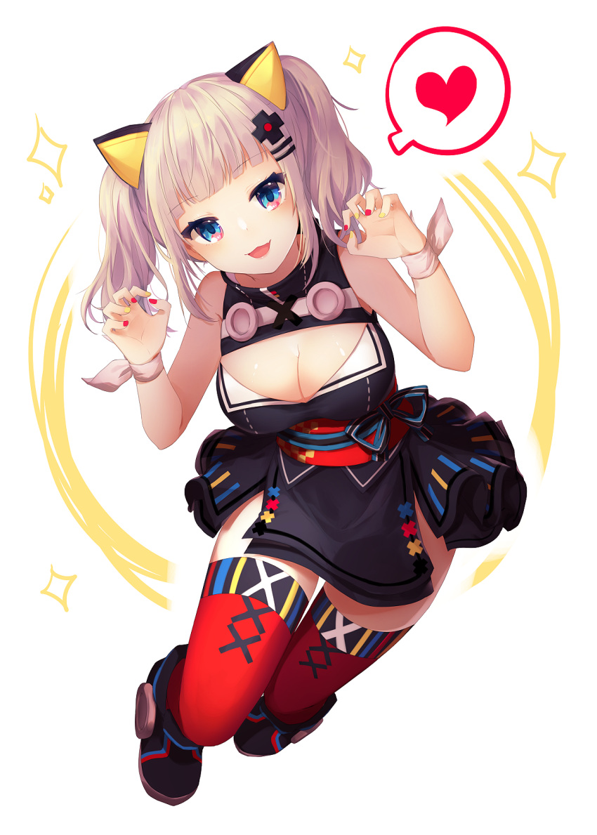 1girl :3 animal_ears blush breasts cat_ears cleavage d-pad d-pad_hair_ornament eyebrows_visible_through_hair fake_animal_ears full_body hair_ornament hairclip heart highres kaguya_luna kaguya_luna_(character) large_breasts looking_at_viewer nail_polish parted_lips pompitz red_legwear red_nails smile solo speech_bubble spoken_heart thigh-highs