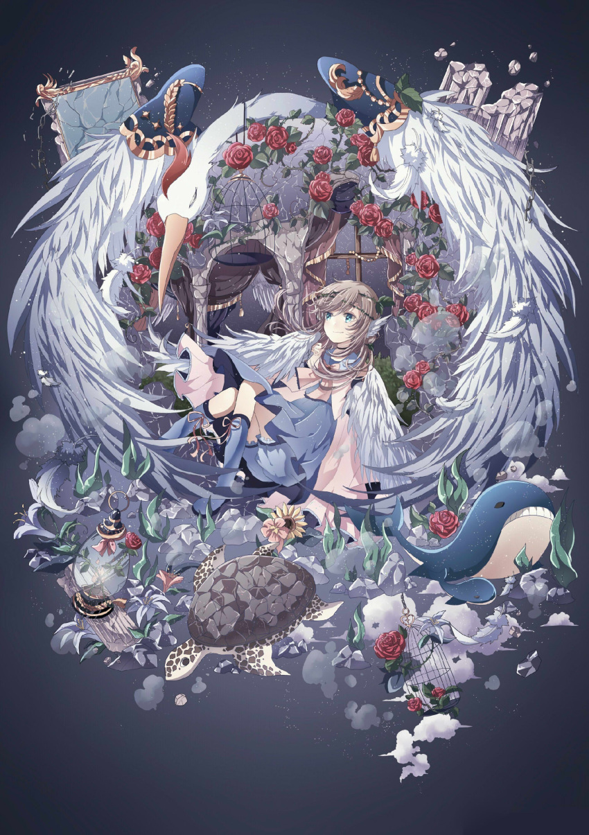 1girl absurdres azure-aoi- bird blue_dress blue_eyes blue_footwear boots brown_hair capelet dress feathered_wings full_body grey_background hair_ornament highres knee_boots long_hair original pleated_dress short_dress smile solo white_capelet wings