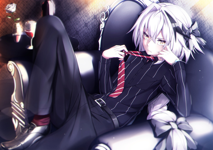 1boy armchair astolfo_(fate) bangs belt belt_buckle black_pants black_ribbon bottle bow braid buckle chair closed_mouth collared_shirt dark_persona dress_shirt fate/grand_order fate_(series) flower grey_hair hair_bow hand_on_own_cheek highres leaning_back leg_up long_hair looking_at_viewer male_focus necktie pants ribbon rose shirt single_braid sitting striped table takatun223 trap vase vertical_stripes wallpaper_(object) watch watch wine_bottle yellow_eyes