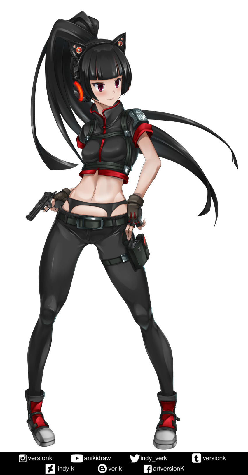 1girl alternate_costume axent_wear bangs black_hair black_legwear blunt_bangs breasts cat_ear_headphones commentary crop_top english_commentary fingerless_gloves full_body garter_belt gate_-_jieitai_ka_no_chi_nite_kaku_tatakaeri gloves gun handgun headphones highres holding holding_gun holding_weapon indy_k legs_apart long_hair looking_to_the_side midriff navel pants ponytail red_eyes rory_mercury short_sleeves small_breasts smile solo standing tight tight_pants weapon