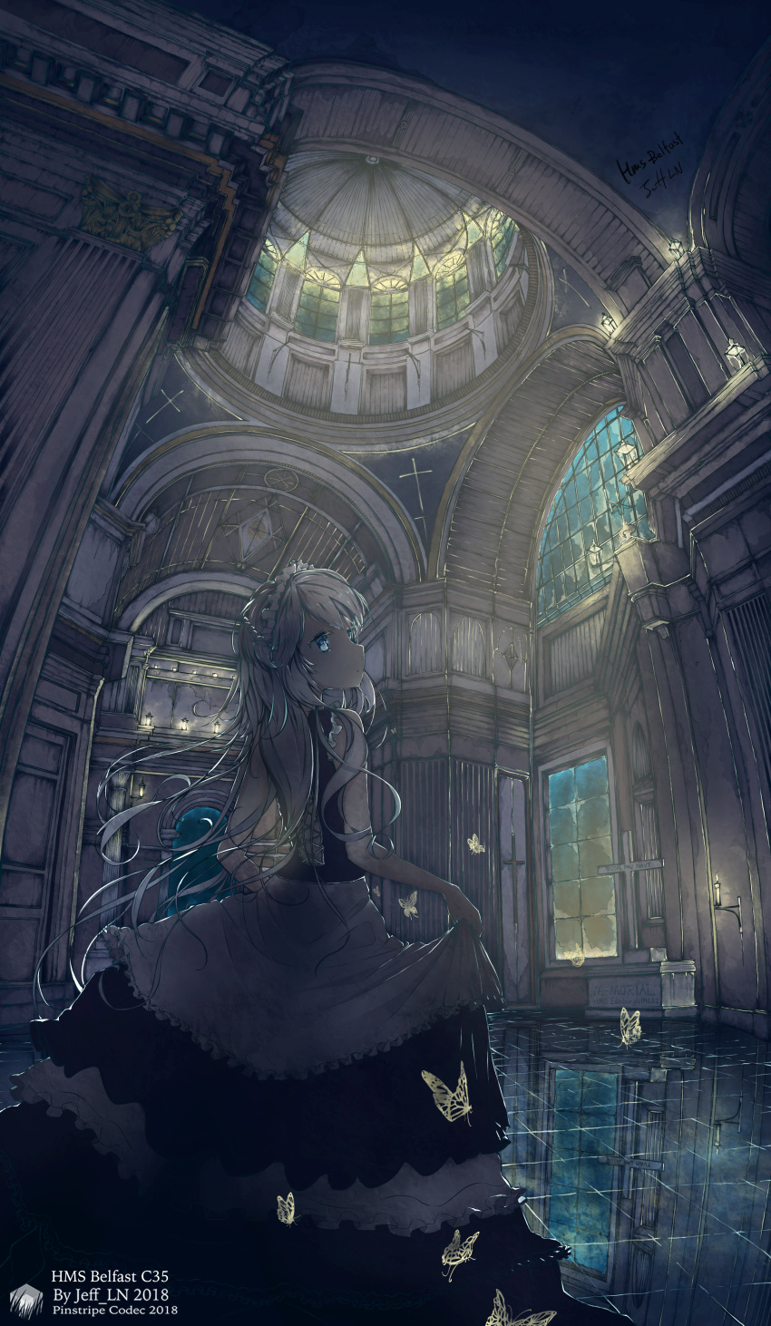 1girl absurdres artist_name azur_lane belfast_(azur_lane) blue_eyes candle character_name church church_interior closed_mouth cross from_behind highres huge_filesize indoors interior jeff_laoniu long_hair looking_away maid_headdress scenery solo white_hair