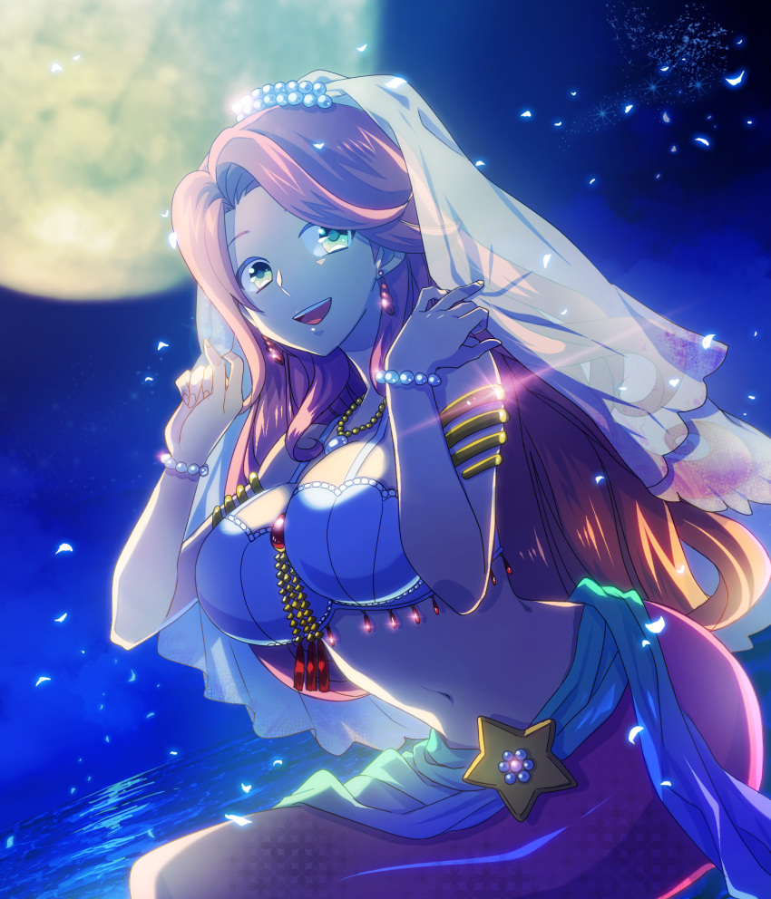 1girl :d armlet bracelet breasts brown_hair dragon_quest dragon_quest_xi earrings full_moon green_eyes highres jewelry jodesu large_breasts long_hair looking_at_viewer mermaid monster_girl moon necklace night open_mouth romia_(dq11) smile solo veil water