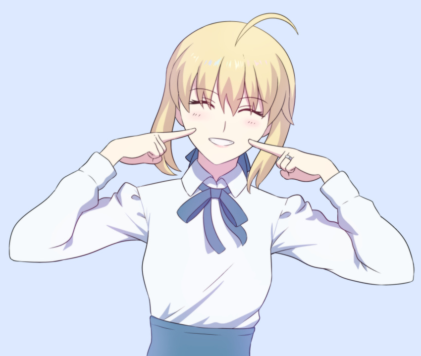 1girl antenna_hair artoria_pendragon_(all) bangs blonde_hair blue_background blue_skirt blush bow bowtie closed_eyes eyebrows_visible_through_hair fate/stay_night fate_(series) fateline_alpha finger_to_cheek hair_between_eyes hair_ribbon highres ribbon saber shirt short_hair simple_background skirt smile solo white_shirt