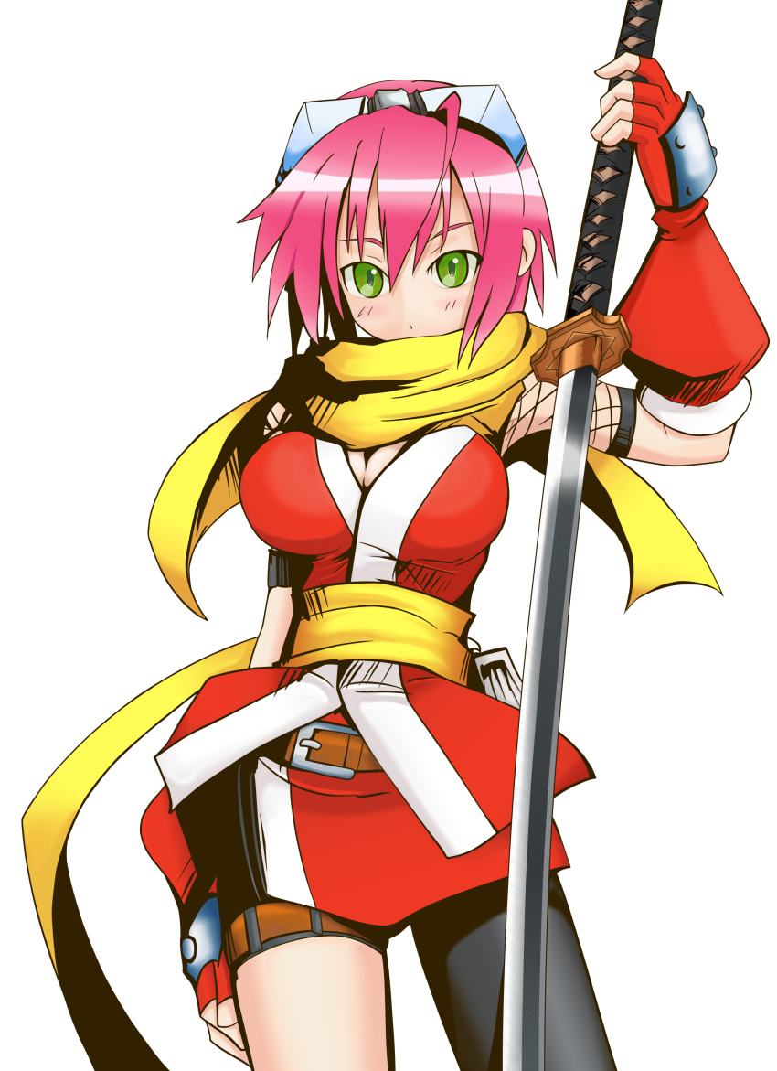 belt breasts cleavage elbow_gloves fishnets gloves goggles green_eyes highres izuna katana large_breasts legend_of_the_unemployed_ninja ninja pink_hair scarf short_hair spandex standing sword thigh_strap weapon
