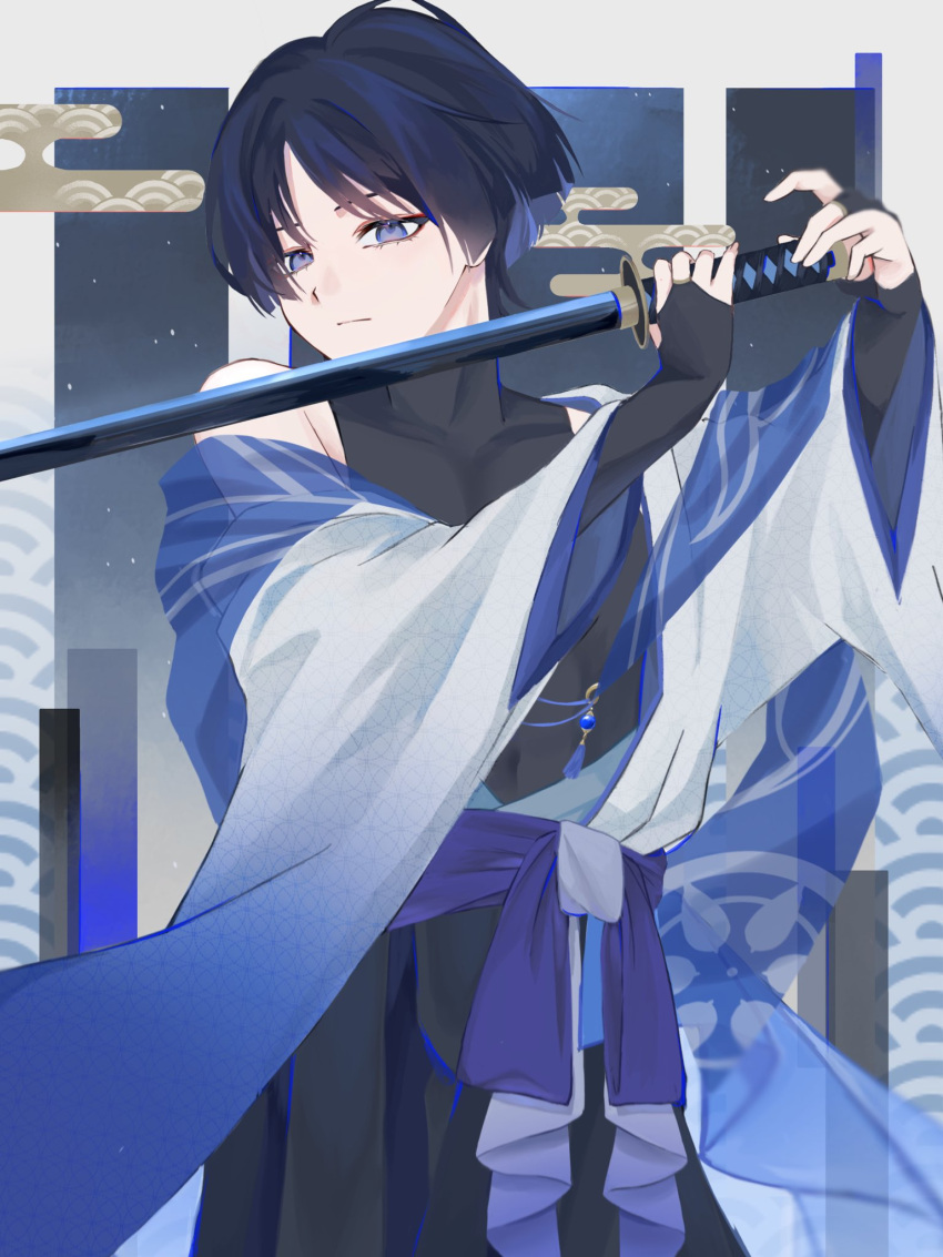 1boy adapted_costume black_bodysuit black_hair black_pants blue_shawl blue_sleeves blunt_ends bodysuit bridal_gauntlets closed_mouth covered_collarbone expressionless genshin_impact gold_ring hair_intakes hakama hakama_pants hands_up highres holding holding_sword holding_weapon japanese_clothes katana kimono layered_clothes layered_kimono layered_sleeves long_sleeves looking_at_viewer loose_hair_strand male_focus middle_ring multicolored_hair navel o_ov13s open_clothes open_kimono pants parted_bangs purple_hair purple_sash sash scaramouche_(genshin_impact) shawl shoulder_peek single_bare_shoulder single_off_shoulder sword two-tone_hair violet_eyes wanderer_(genshin_impact) wanderer_(wanderer_impression)_(genshin_impact) weapon white_kimono white_trim wide_sleeves