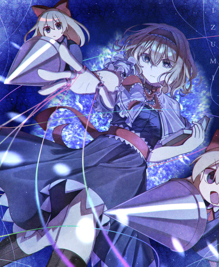 1girl absurdres alice_margatroid artist_name blonde_hair blue_dress book bow capelet closed_mouth doll dress english_commentary fighting_stance frilled_capelet frilled_sleeves frills grimoire_of_alice hair_bow hairband highres holding holding_book holding_polearm holding_weapon izumi_481 jewelry lance lolita_hairband long_hair open_book open_mouth polearm puffy_short_sleeves puffy_sleeves puppet_rings puppet_strings rainbow_gradient red_bow red_hairband ring shanghai_doll short_sleeves solo string touhou weapon white_capelet