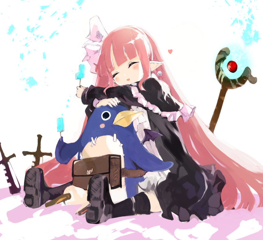 1girl bat_wings bird black_dress blush candy closed_eyes commentary_request crossed_arms disgaea dress earrings eyelashes food frilled_dress frills happy heart highres holding holding_candy holding_food holding_lollipop jewelry kakuwashi knife lolita_fashion lollipop long_dress long_hair mage_(disgaea) mage_staff makai_senki_disgaea mini_wings partial_commentary peg_leg penguin pink_hair pointy_ears prinny sitting smile solo very_long_hair white_background wings