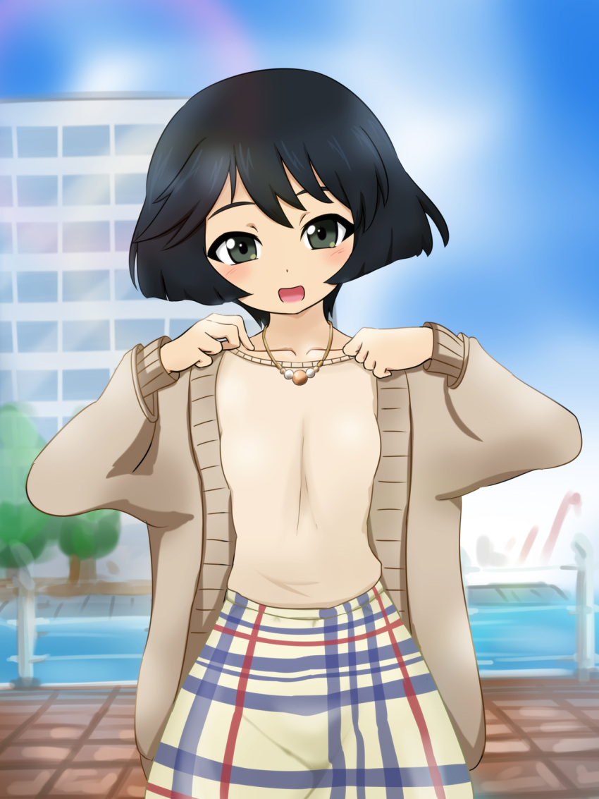 1girl bangs black_eyes black_hair blue_skirt blue_sky blurry blurry_background brown_jacket casual clouds cloudy_sky cowboy_shot day fechisupi girls_und_panzer head_tilt highres jacket jewelry long_sleeves looking_at_viewer medium_skirt multicolored multicolored_clothes multicolored_skirt necklace open_mouth outdoors plaid plaid_skirt shirt short_hair skirt sky smile solo standing utsugi_yuuki white_shirt yellow_skirt