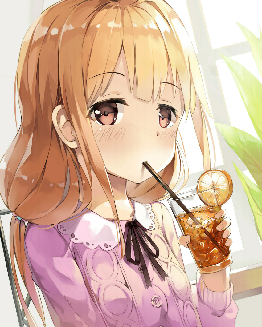 1girl brown_eyes brown_hair drink futaba_anzu highres idolmaster idolmaster_cinderella_girls long_hair looking_at_viewer low_twintails seneto solo straw twintails